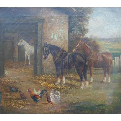 6013 - Follower of John Frederick Herring Snr (1795-1865): An oil on canvas of farmyard scene, heavy horses... 