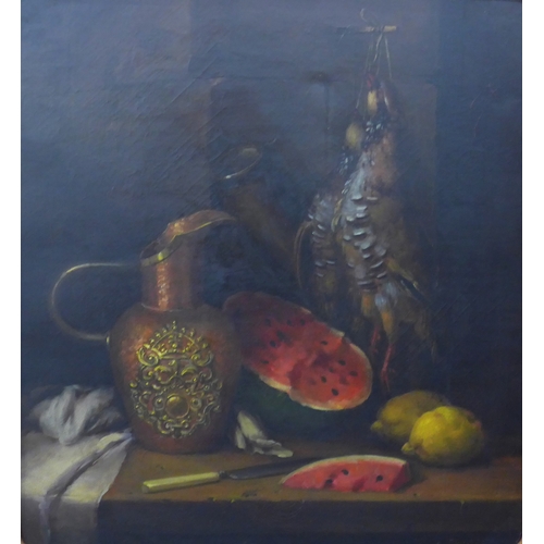 6020 - A late 19th/early 20th Century oil on canvas still, hanging Partridges with watermelon and copper ju... 