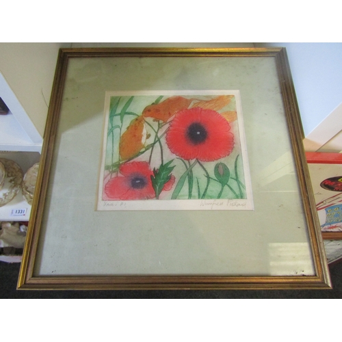 1308 - WINIFRED PICKARD (1908-1996): A coloured etching, field mice amongst poppies, signed in pencil signe... 