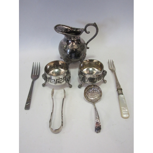 1362 - A small quantity of plated ware to include jug, table salts, sifter spoon, etc. A box of miscellaneo... 