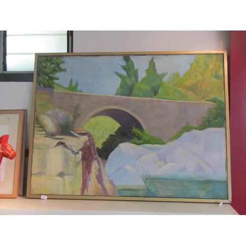 1450 - ROSALIE DE MERIC (1916-1999): A framed oils on canvas, bridge over rocky stream, signed bottom right... 