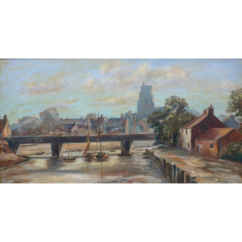 6074 - JOHN ADAMSON (XX) A large oil on board of Beccles Church and the river. Signed and dated '79 lower l... 