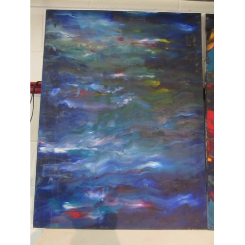 1394 - WITHDRAWN Two large abstract paintings on canvas, tears to one, each 102cm x 76cm