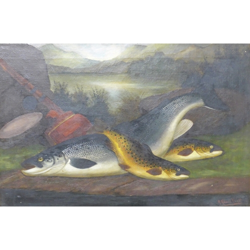 6019 - Follower of A. Roland Knight (1879-1921) Two framed oils on canvas - Salmon & Trout catch, bearing s... 