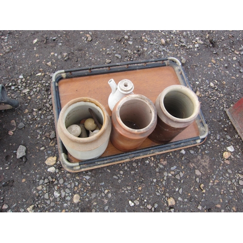 3264 - A Ceramic Dr Nelsons inhaler, three stoneware pots and a tray