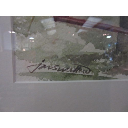 1044 - JON SWALLOW: Watercolour titled 'Moon rising' depicting cows in a field, signed lower left, framed a... 