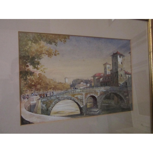 1049 - A watercolour and gouache of Ponte Quattro Cape, Rome.  Framed and glazed.  17cm x 25cm image size