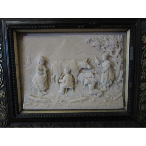 1053 - Two 19th Century carved limestone panels with figures, framed, overall sizes 16.5cm x 20.5cm and 16c... 