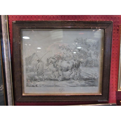 1064 - After George Morland, a framed and glazed print of a ploughman and horses, signed in the print only.... 