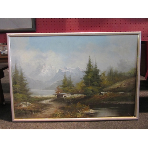 1068 - ANTHONY: An oil on canvas of an alpine lakeland scene with cabin amongst trees and mountains.  Signe... 