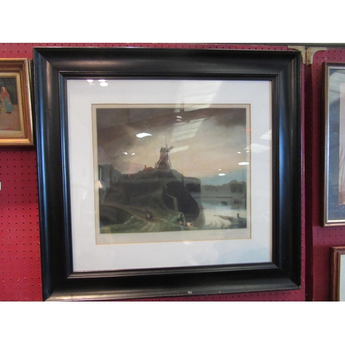 1075 - A mixed media image of windmill by quayside, leaden skies, framed and glazed, pencil signed by artis... 