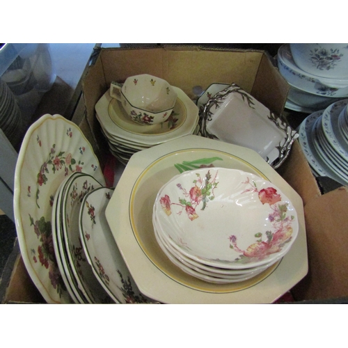 1186 - A box of mixed china including Doulton dinner wares and a wash bowl, together with glass picture fra... 