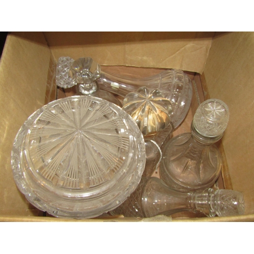 1188 - A box of glass decanters and a lamp, and a boxed set of Bohemia crystal glasses