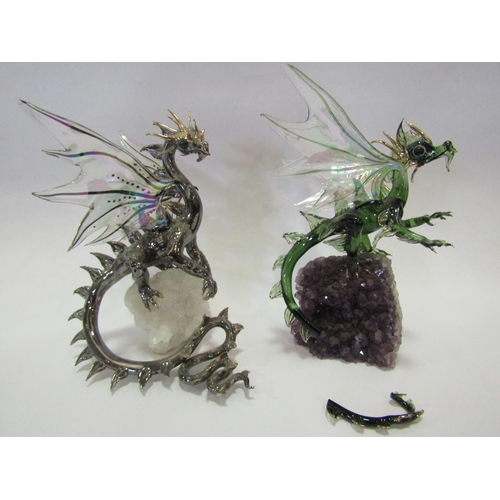 1295 - Two Sandra Young glass dragons mounted on crystals, one A/F broken tail, broken piece present