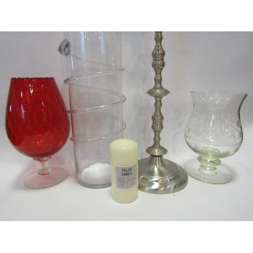 1313 - A cylindrical clear vase with swirl decoration, etched celery vase and a ruby red brandy balloon tog... 