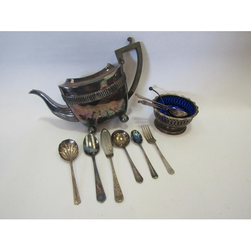 1343 - Three silver spoons and plated wares including cutlery and teapot (A/F)