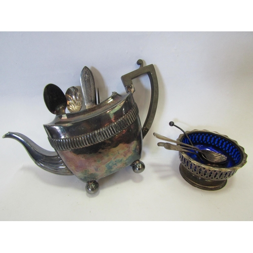 1343 - Three silver spoons and plated wares including cutlery and teapot (A/F)