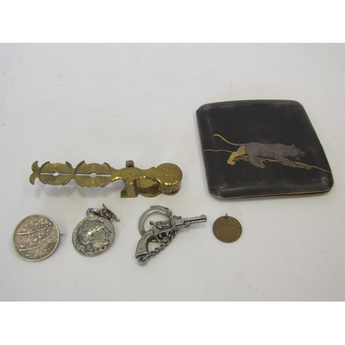 1346 - A cased set of sovereign scales, a gold and silver inlaid cheroot case, coins, etc