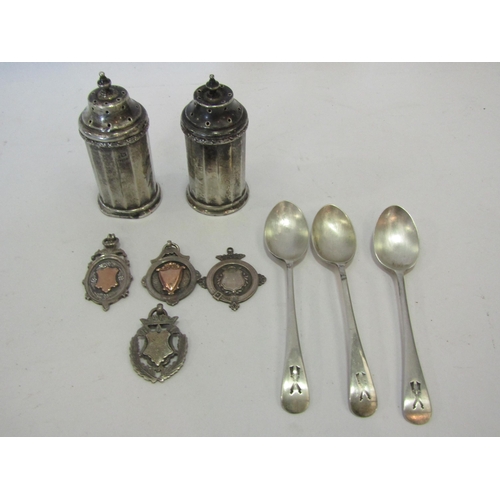 1350 - A small selection of silver items including pepperettes, coffee spoons and watch fobs