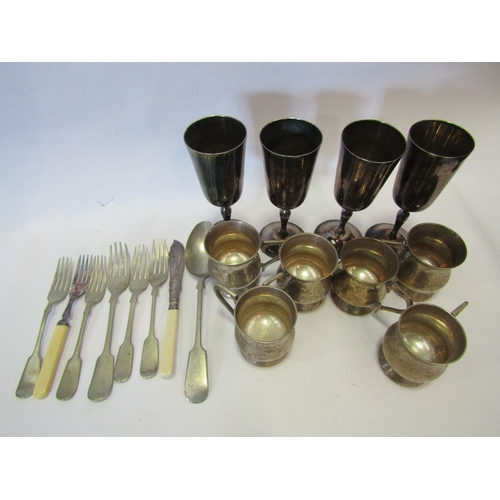 1370 - A set of six plated miniature tankards, four goblets and a small quantity of flatware