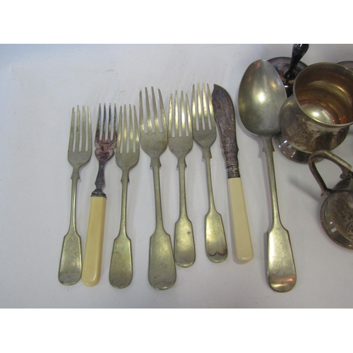 1370 - A set of six plated miniature tankards, four goblets and a small quantity of flatware