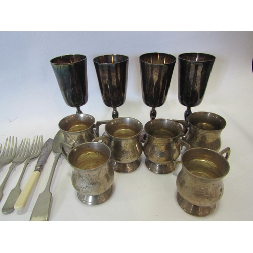 1370 - A set of six plated miniature tankards, four goblets and a small quantity of flatware