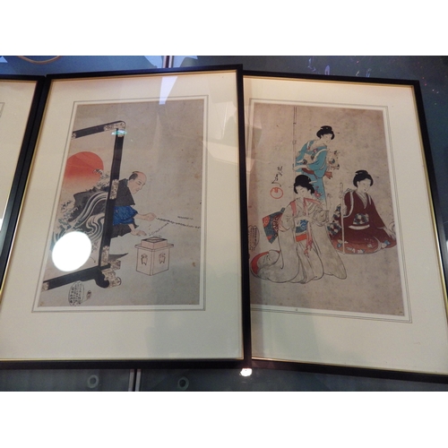 1221 - Four Japanese woodblock prints including Geisha girls and girls with weapons, framed and glazed, 35c... 