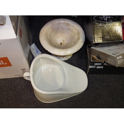 1289 - An alabaster carved font/pedestal bowl and a ceramic slipper pan (2)