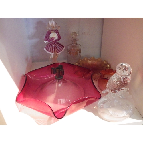 1443 - Seven pieces of glass including cranberry epergne base, floral-lipped jug, and owl statuette.