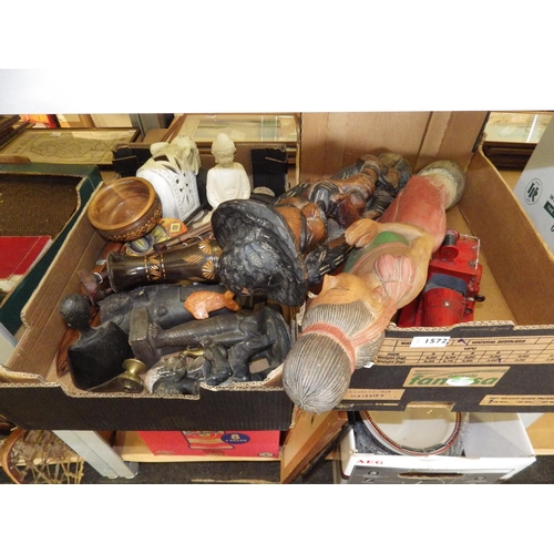 1572 - Two boxes of assorted including carved wooden statues, carved stone bust, model car, etc.