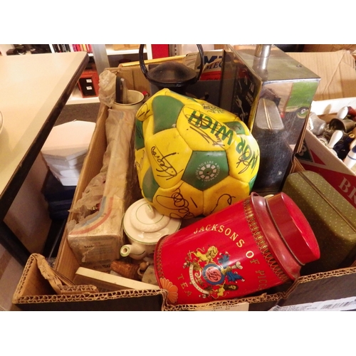 1575 - Two boxes of assorted items including a Union Station clock, signed Norwich football, George Thurlow... 