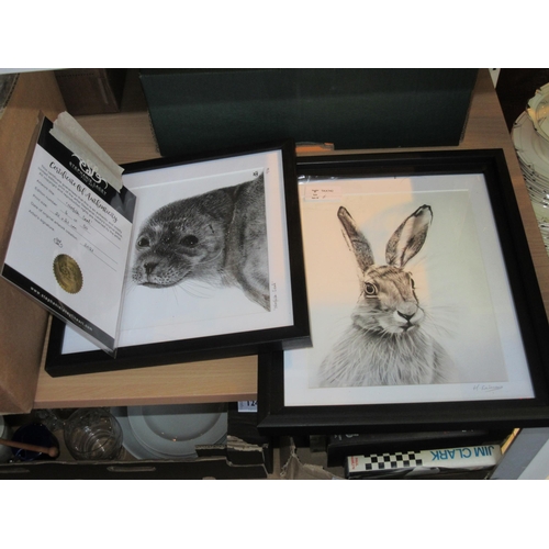 1226 - Two limited edition black and white prints of hare and seal, pencil signed, framed and glazed