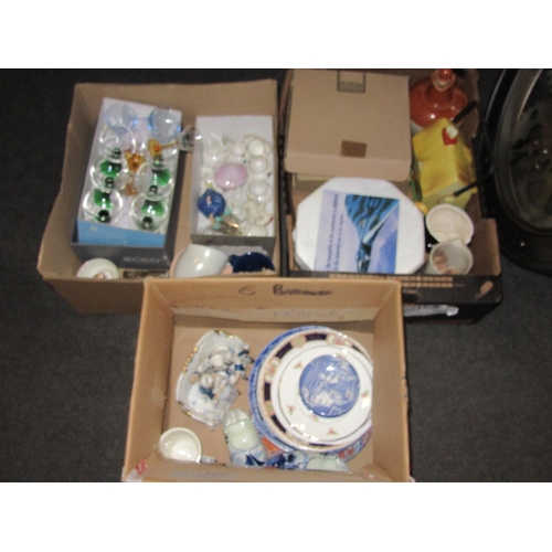 1236 - Three boxes of assorted items including crested wares, plates, Delft ware, drinking glasses, etc.