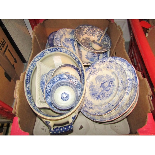 1274 - A box of blue and white ceramics, large tureen lacking cover A/F, plates and dishes etc.