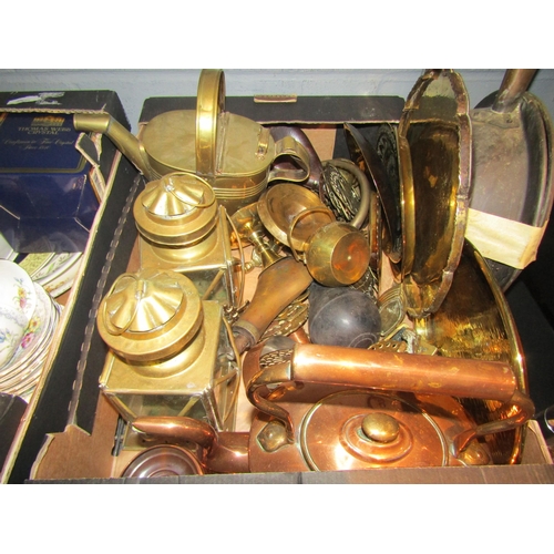 1510 - A box of mixed brass and copper ware including conservatory watering can, lanterns, charger etc.