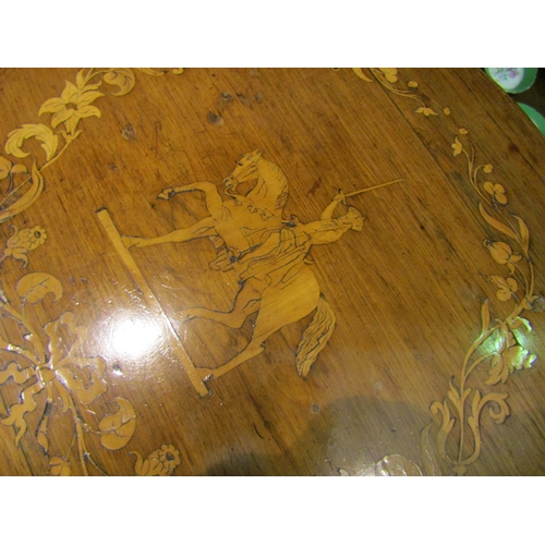 4008 - A Victorian rosewood sewing box table, marquetry inlaid lid with horse and rider design, over a shap... 