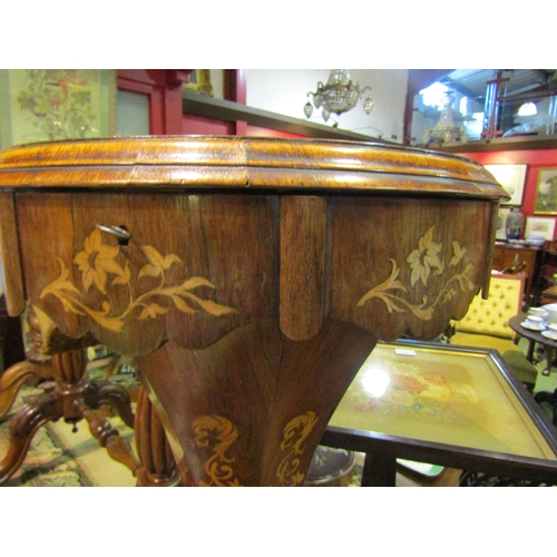 4008 - A Victorian rosewood sewing box table, marquetry inlaid lid with horse and rider design, over a shap... 