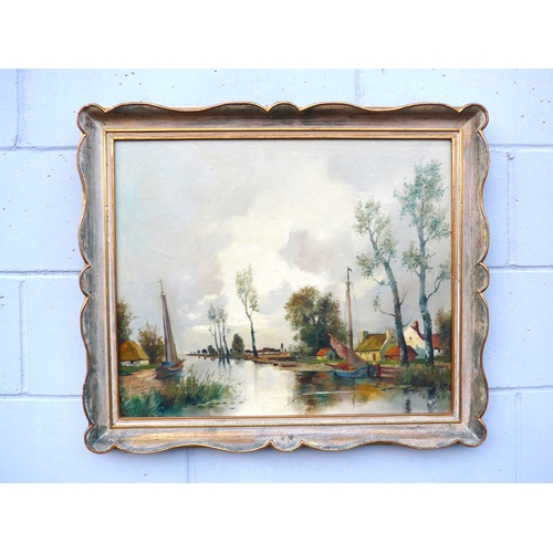 6064 - A. HERBE (Dutch XX) A framed oil on canvas titled 'A Dutch Waterway'. Signed bottom right. Image siz... 