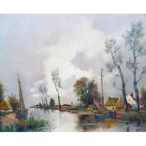 6064 - A. HERBE (Dutch XX) A framed oil on canvas titled 'A Dutch Waterway'. Signed bottom right. Image siz... 