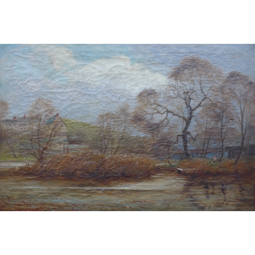 6071 - HENRY F. PEACH (fl 1892-1928) A framed and glazed oil on canvas, figure on a river bank with large h... 