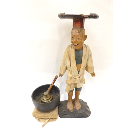 4061 - A late 19th/early 20th Century carved and painted wood Japanese figure with singing bowl, 62cm tall ... 