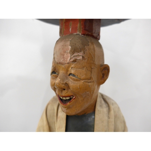 4061 - A late 19th/early 20th Century carved and painted wood Japanese figure with singing bowl, 62cm tall ... 