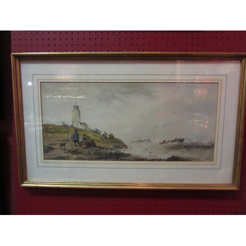 4132 - JOHN FRANCIS SALMON (1808-1886): A framed and glazed watercolour, lighthouse scene with boats on rou... 