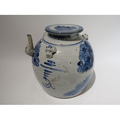 4178 - A blue and white oversized Chinese teapot with figural design depicting person riding a lion, 26cm x... 