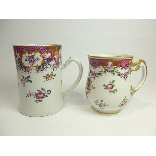 4312 - Two late 18th / 19th Century Chinese export tankards with handpainted floral decoration. The smaller... 