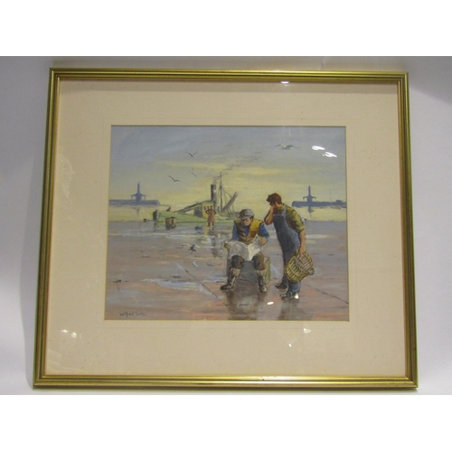 4337 - WILFRED SUTTON: Mixed media depicting fishing dock with figures.  Signed lower left.  33cm x 41cm.  ... 