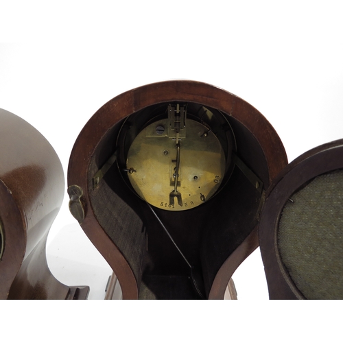 8082 - Two balloon form mantel clocks, both with marquetry inlaid designs, one a white Arabic numeral 'Temp... 