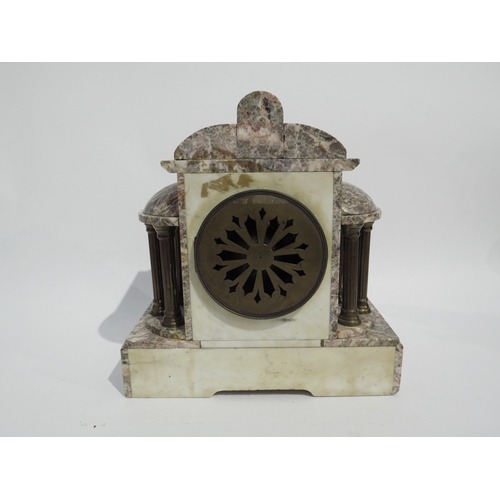 8092 - A J.W. Benson marble mantel clock of architectural form, with column supports to sides, the white en... 