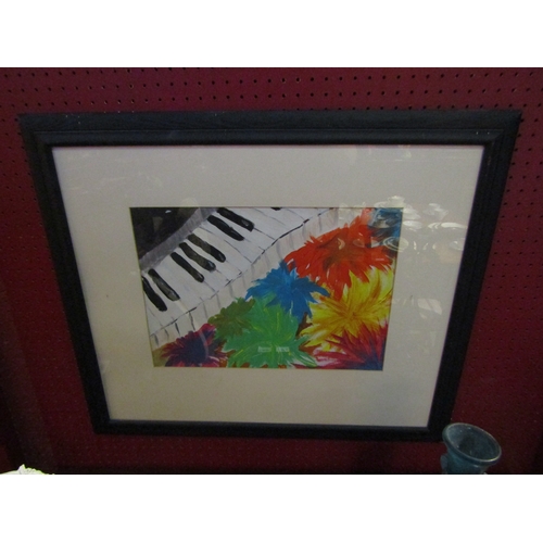 4073 - Contemporary artwork depicting piano keys and explosions of colour, gouache on paper, black frame, 2... 