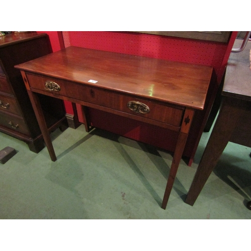 4116 - A 19th Century inlaid mahogany side table the single frieze drawer over square tapering legs support... 